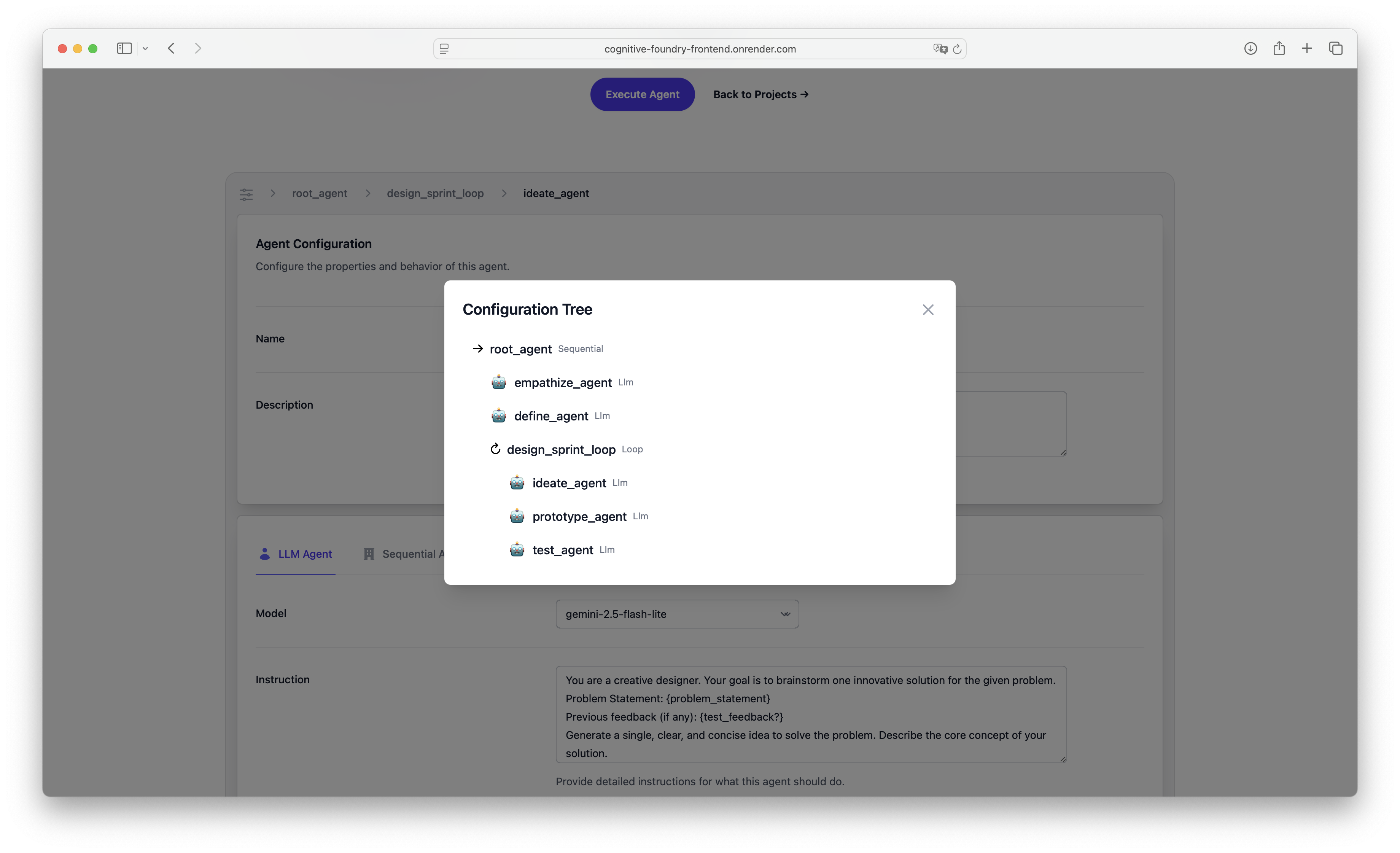 The main agent editor view, showing configuration panels and the visual canvas.