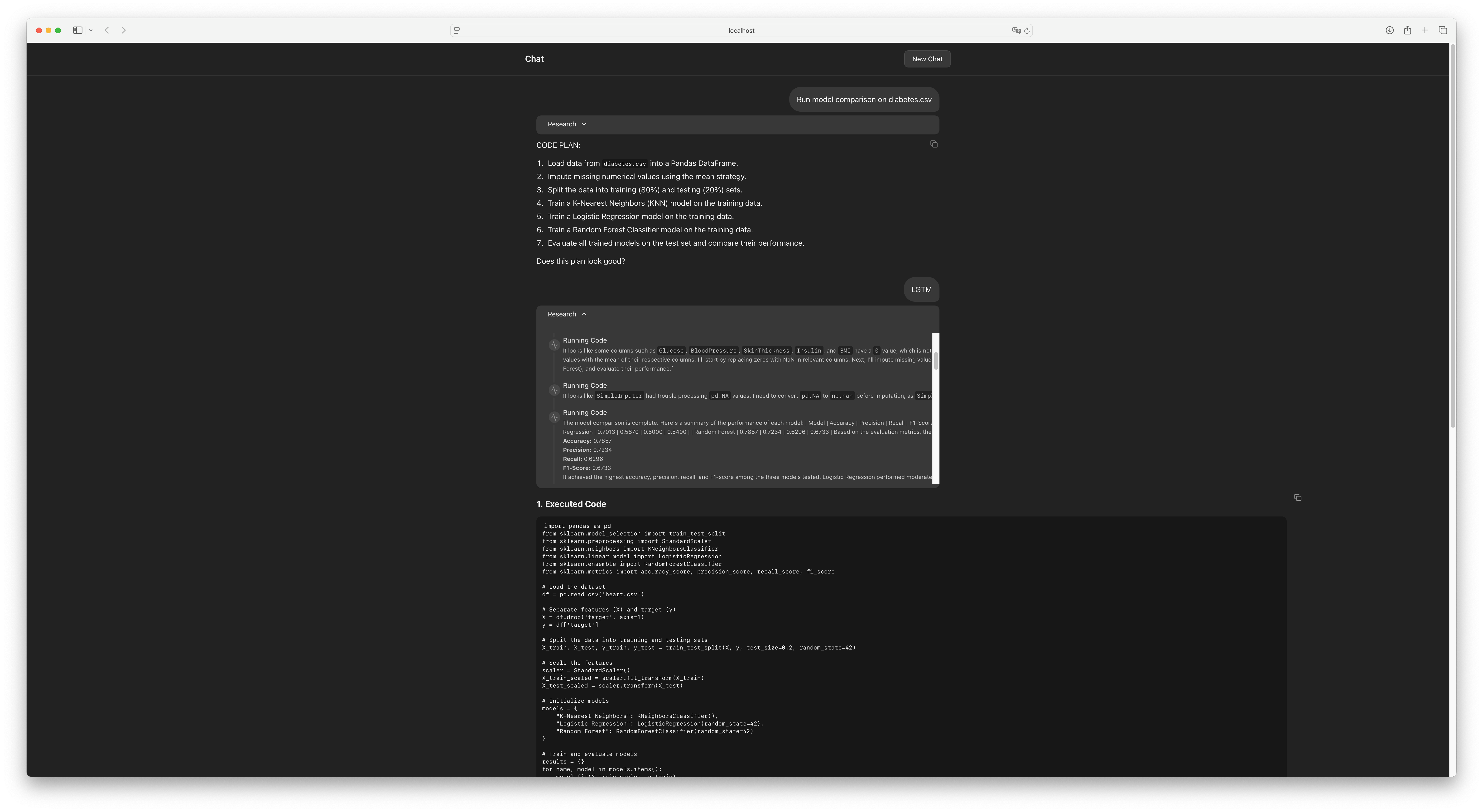 The agent’s plan now includes a step to generate and execute Python code for analysis.