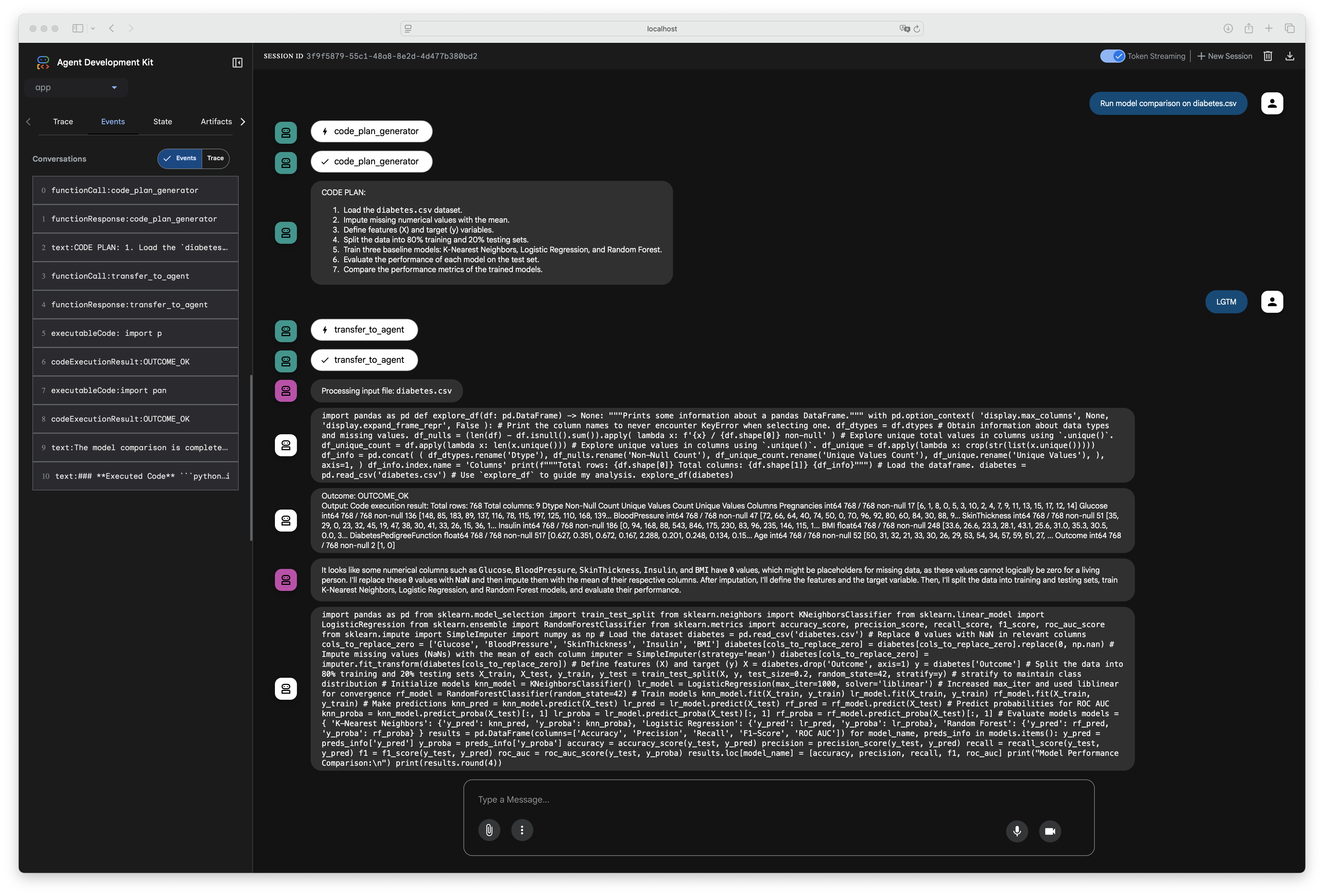 The ADK Playground UI allows you to chat directly with your agent backend.